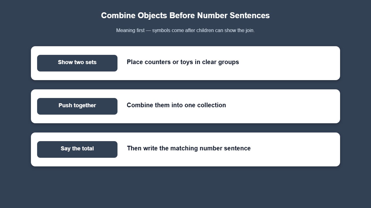 Infographic steps for combining object sets before writing addition sentences