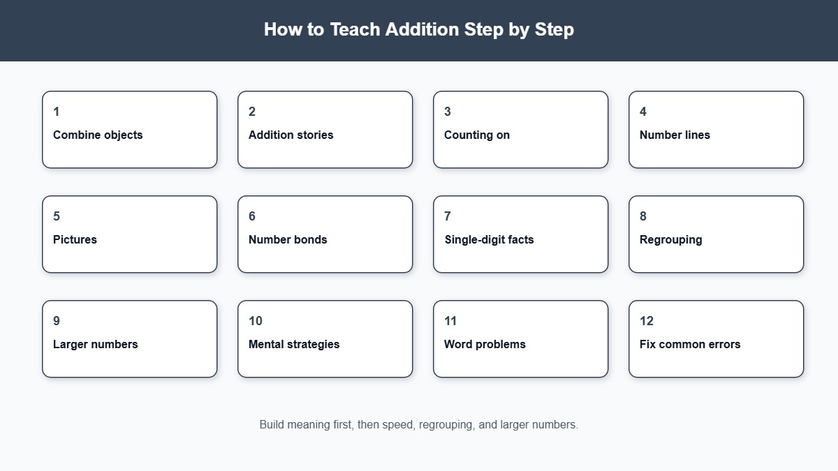 Twelve-step progression for teaching addition from objects to word problems