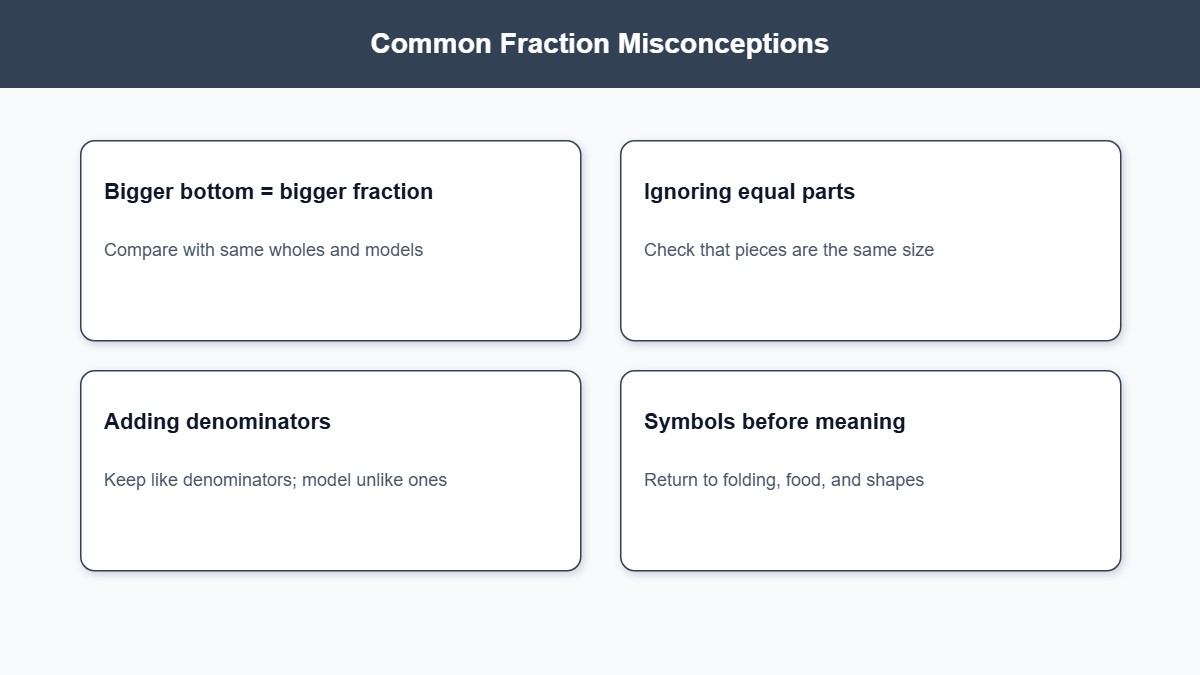 Infographic of common fraction misconceptions and how to help with each