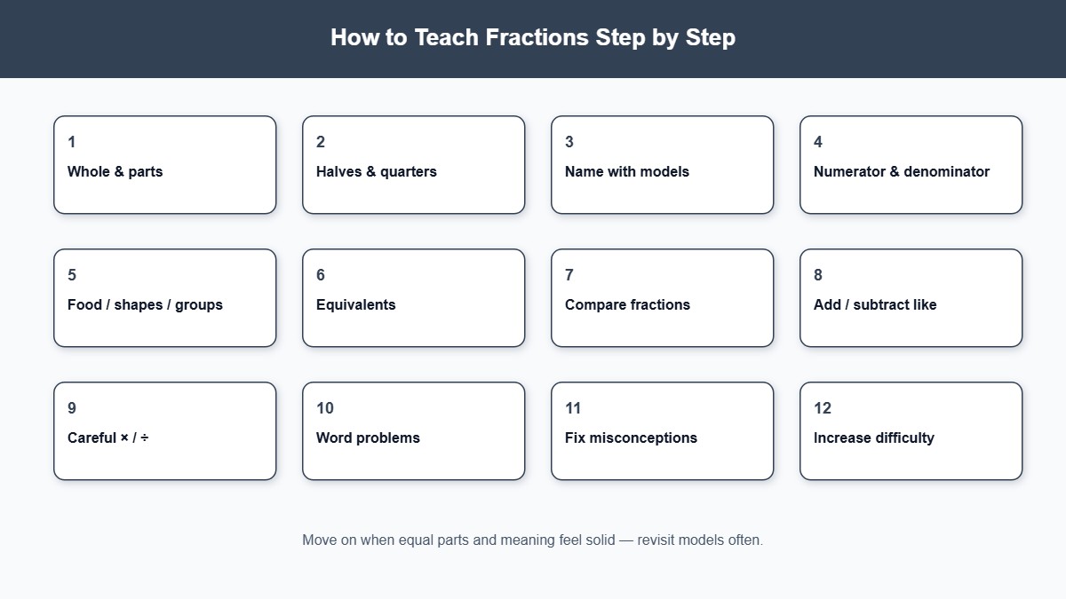 Twelve-step progression for teaching fractions from wholes to word problems