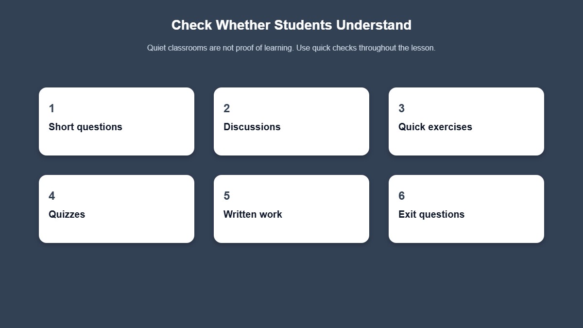 Infographic listing ways to check student understanding including questions, discussions, quizzes, and exit tickets