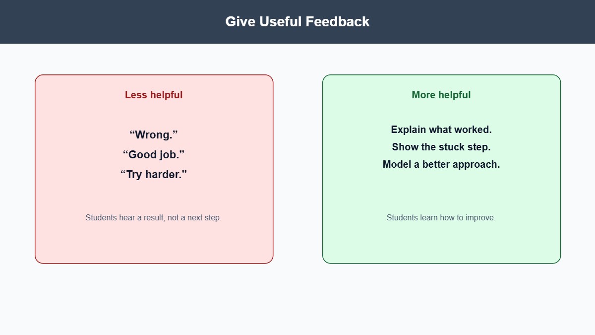 Comparison infographic of less helpful versus more helpful teacher feedback