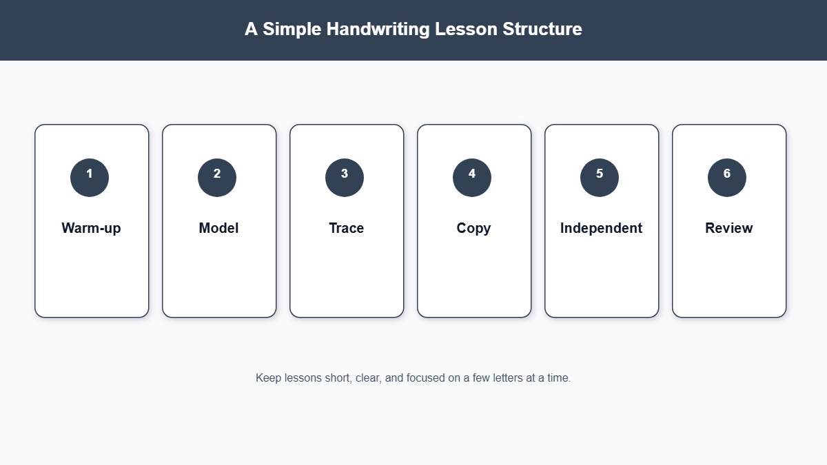Six-step handwriting lesson structure from warm-up through independent practice and review
