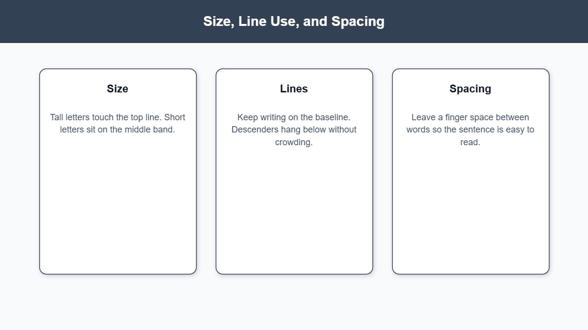 Infographic covering letter size, line use, and word spacing in handwriting