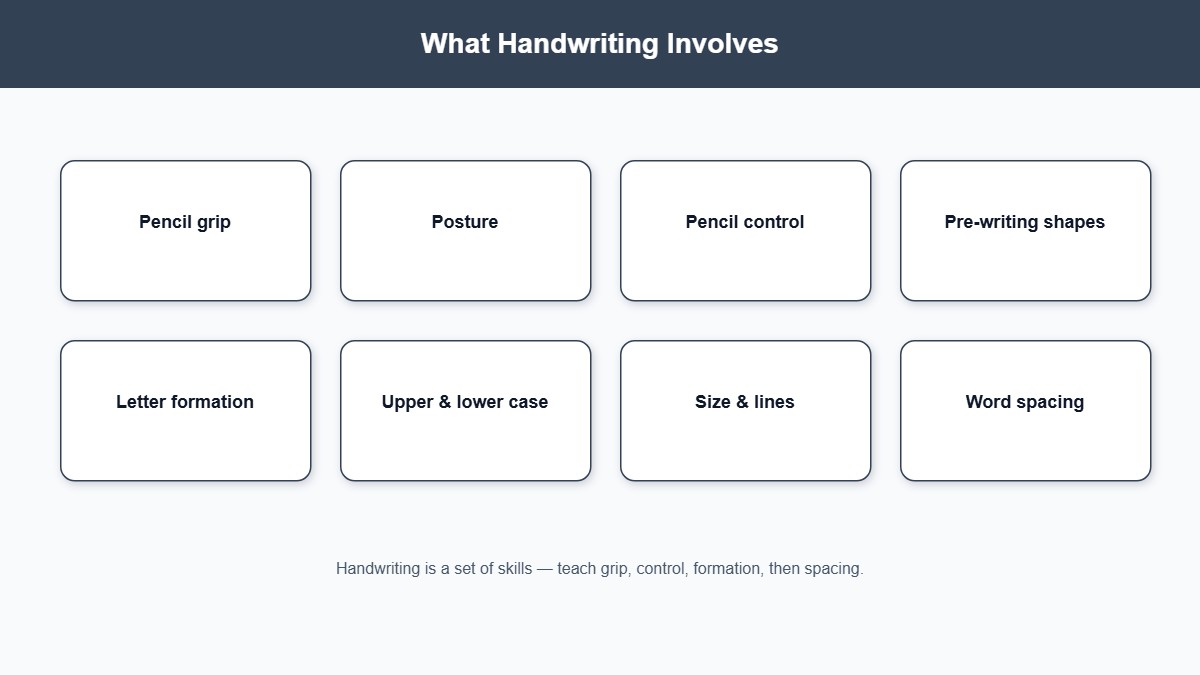 Infographic grid of eight handwriting skills including grip, control, letter formation, and spacing
