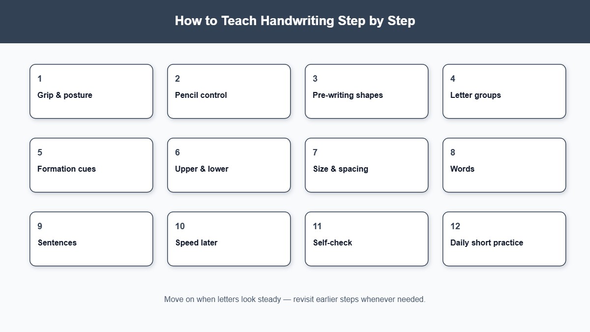 Twelve-step progression for teaching handwriting from grip to daily practice