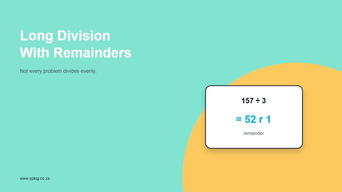 Long division with remainders example 157 divided by 3 equals 52 remainder 1