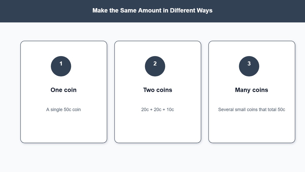 Infographic showing three ways to make the same money amount with different coins