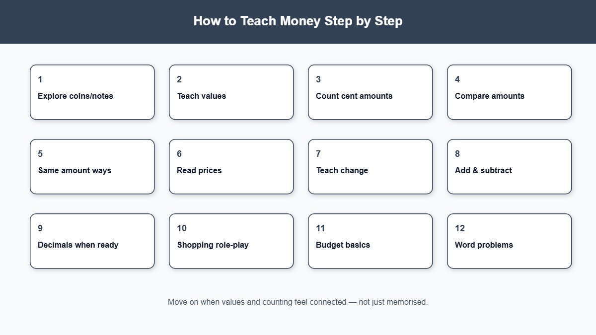 Twelve-step progression for teaching money from coins to word problems
