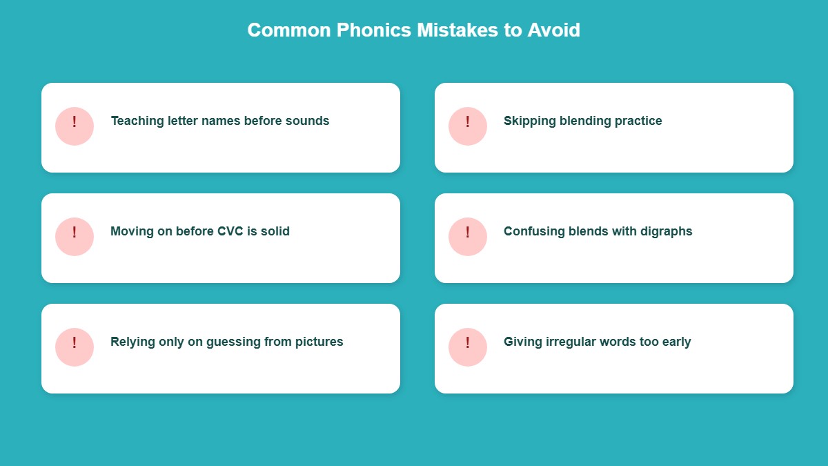 Checklist infographic of common phonics teaching mistakes parents and teachers should avoid