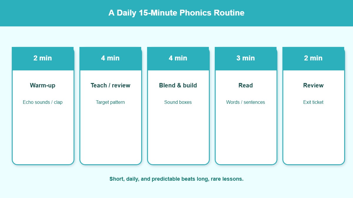 Daily 15-minute phonics routine schedule with warm-up, teaching, blending, reading, and review