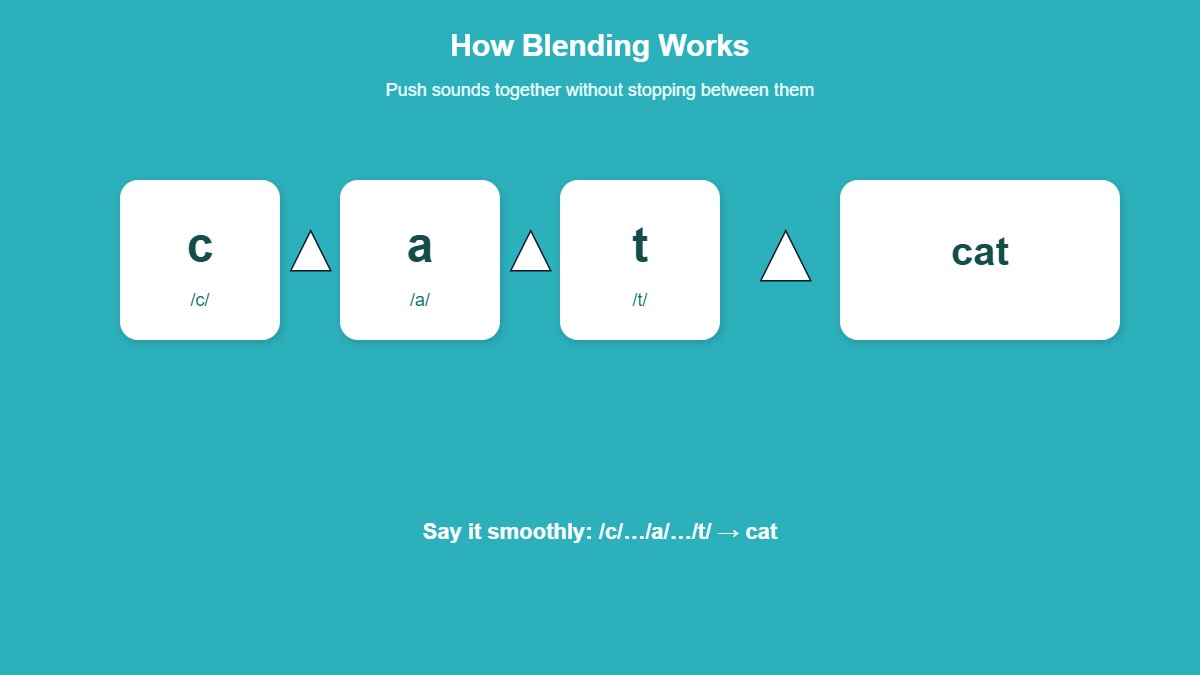 Visual showing c-a-t sound boxes blending into the word cat