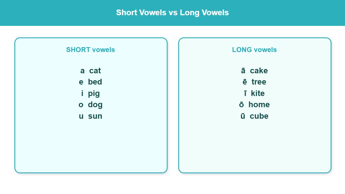 Comparison chart of short vowels versus long vowels with example words
