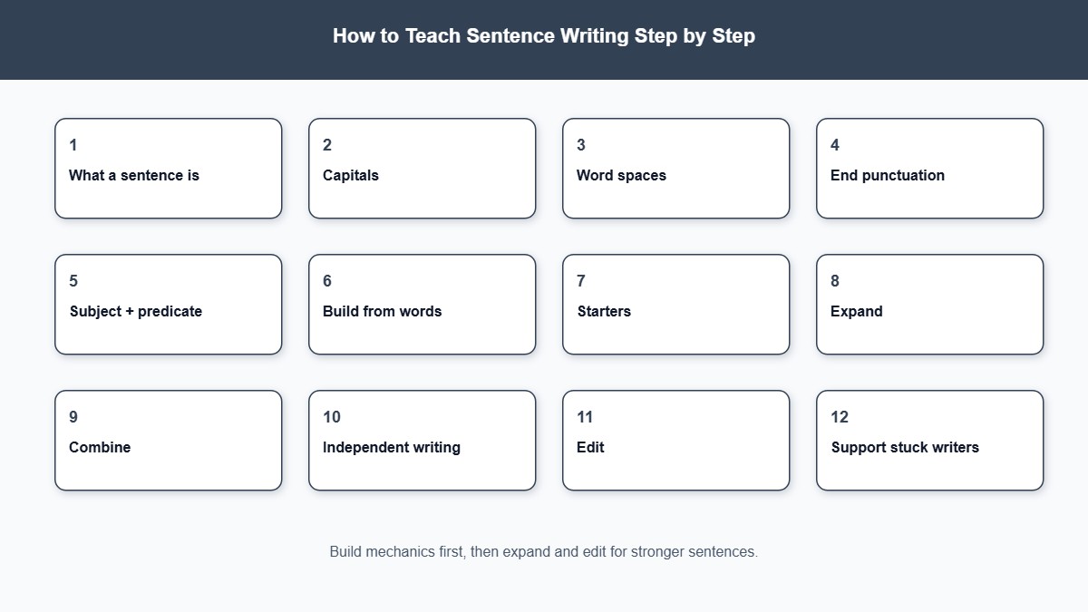 Twelve-step progression for teaching sentence writing