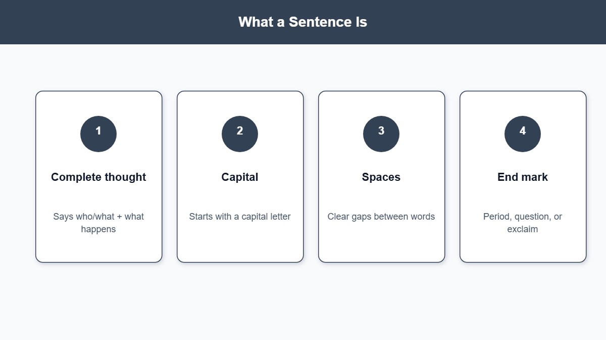 Infographic defining a sentence with capital, spaces, and end punctuation