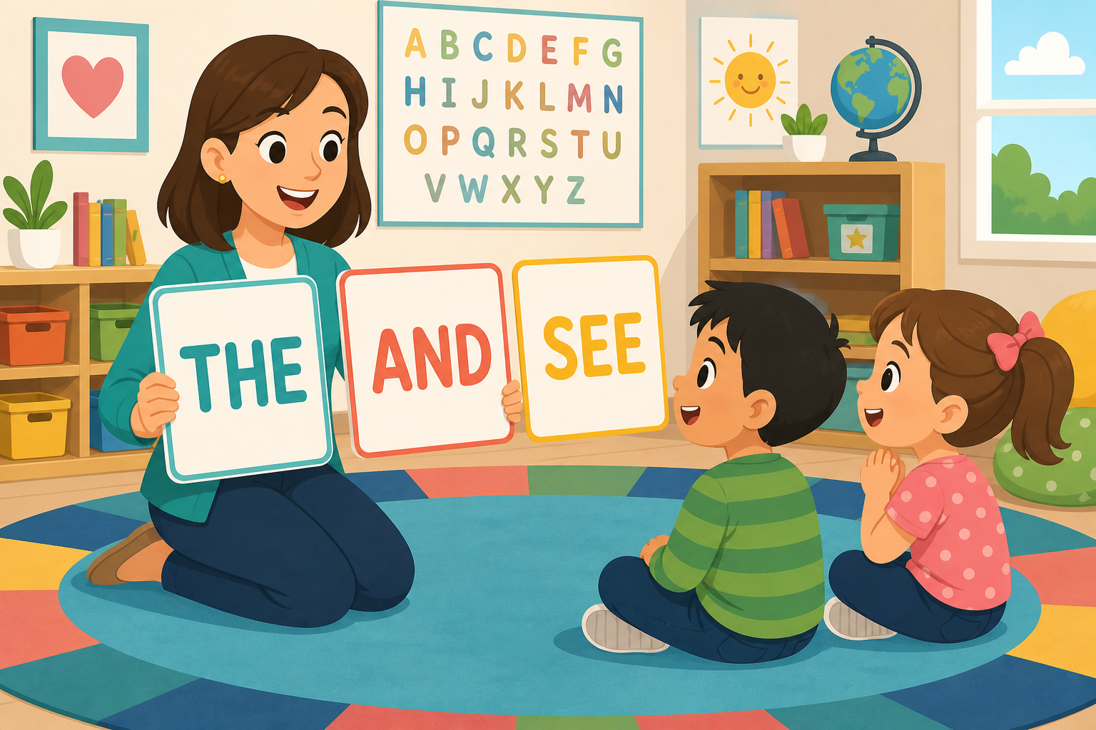 Teacher introducing sight word cards the, and, and see to two kindergarten children on a classroom rug