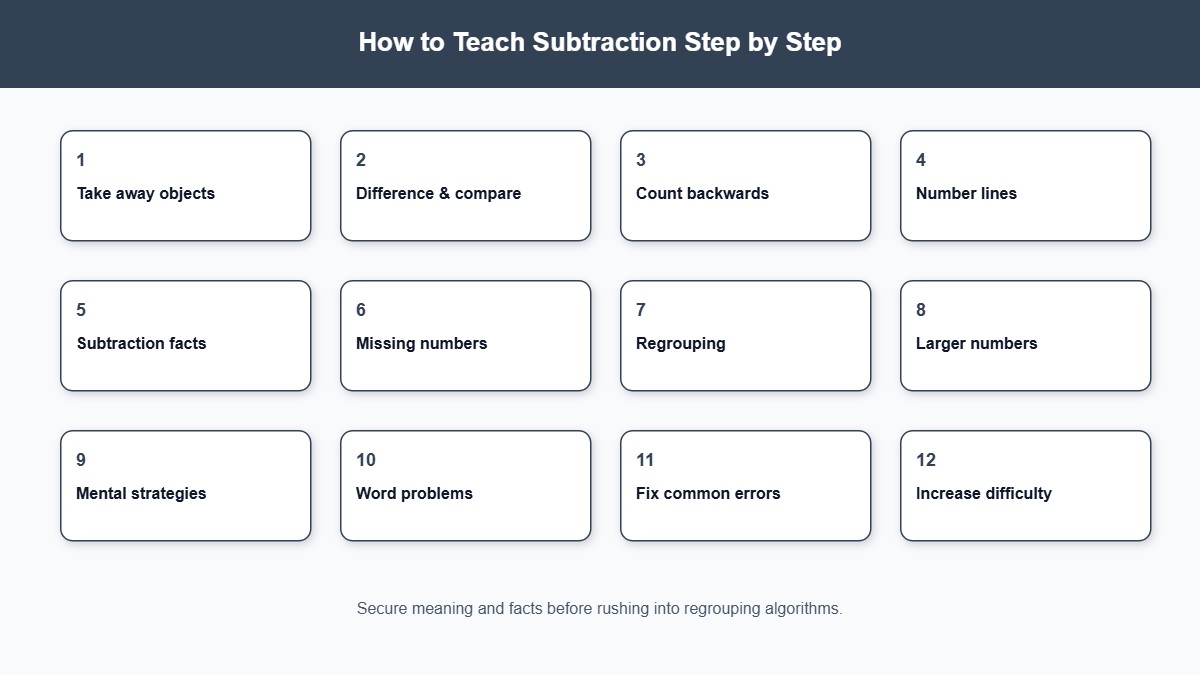 Twelve-step progression for teaching subtraction from take away to word problems