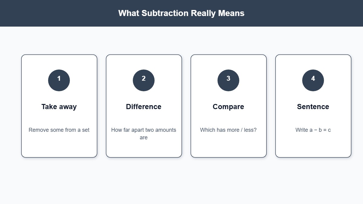 Infographic showing take away, difference, compare, and number sentences for subtraction