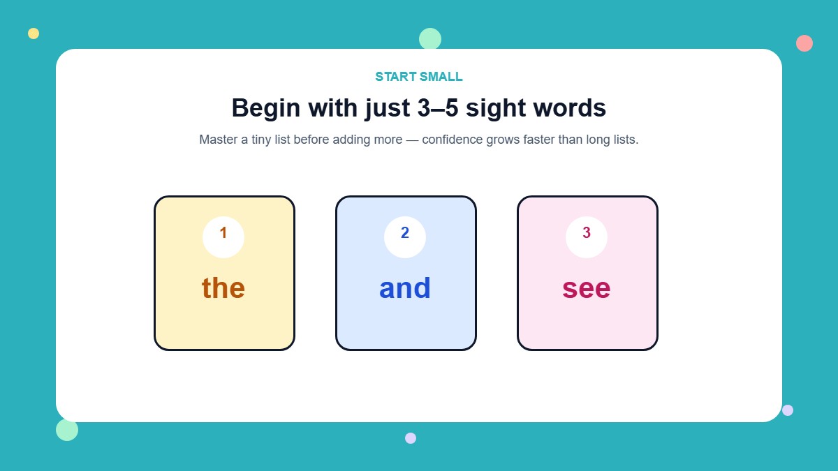 Infographic showing three beginner sight word cards labeled the, and, and see with tip to start small