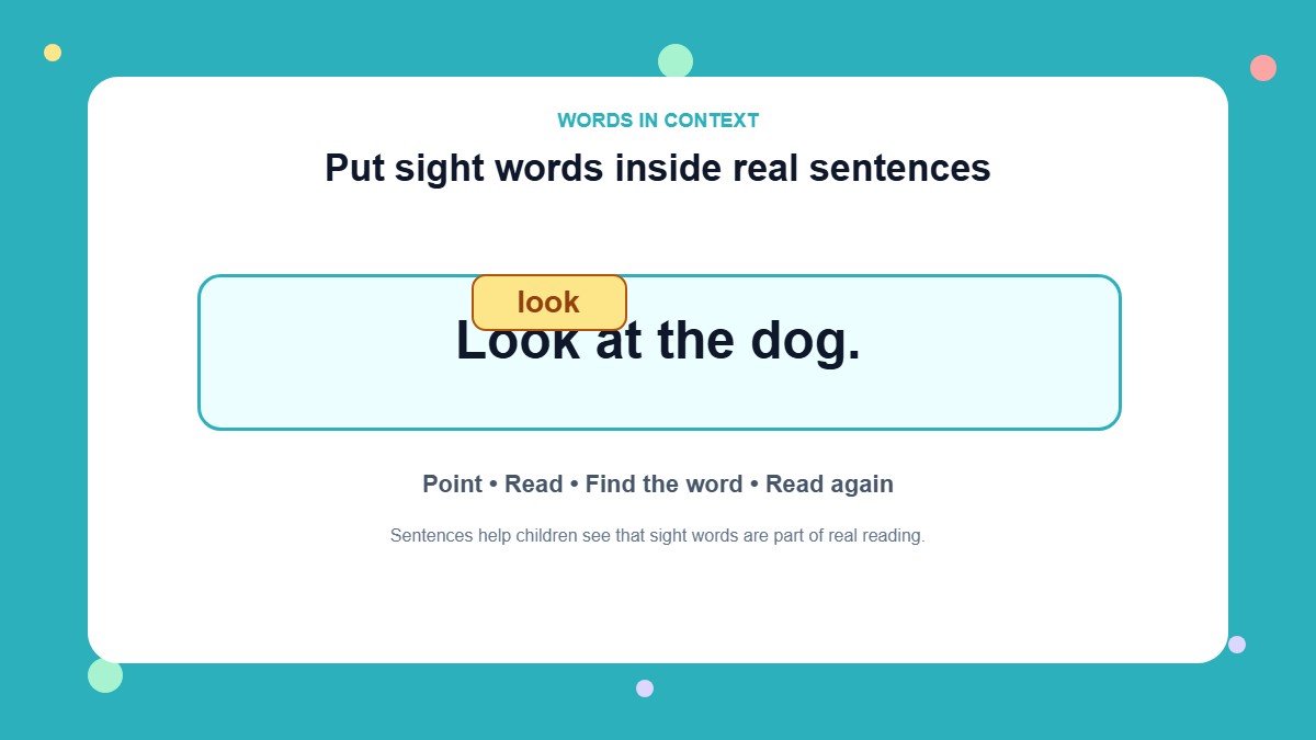 Infographic of the sentence Look at the dog with the sight word look highlighted in yellow