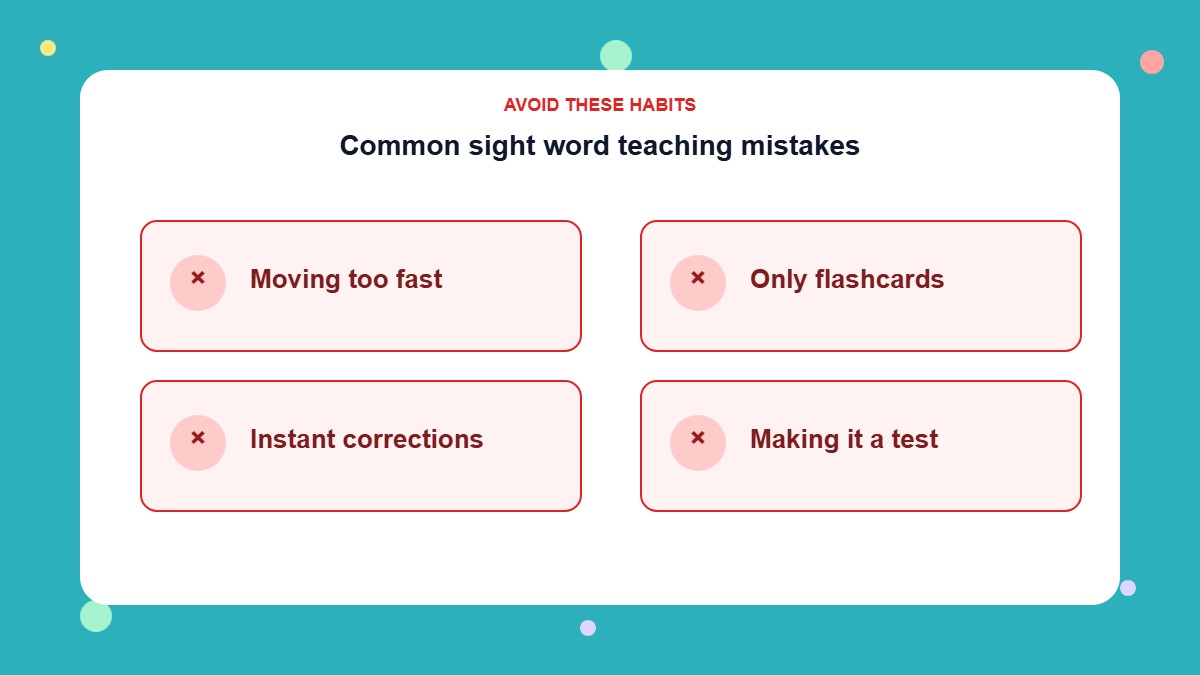 Infographic listing four common sight word teaching mistakes to avoid