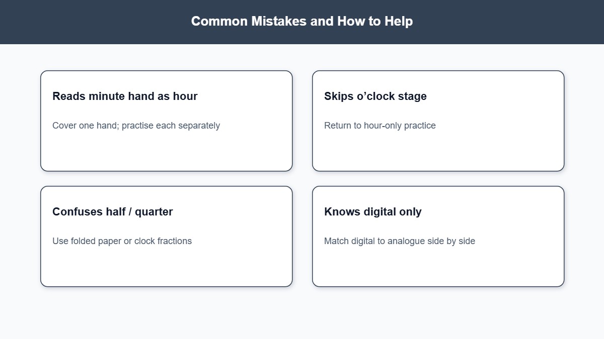 Infographic of common telling-time mistakes and practical fixes