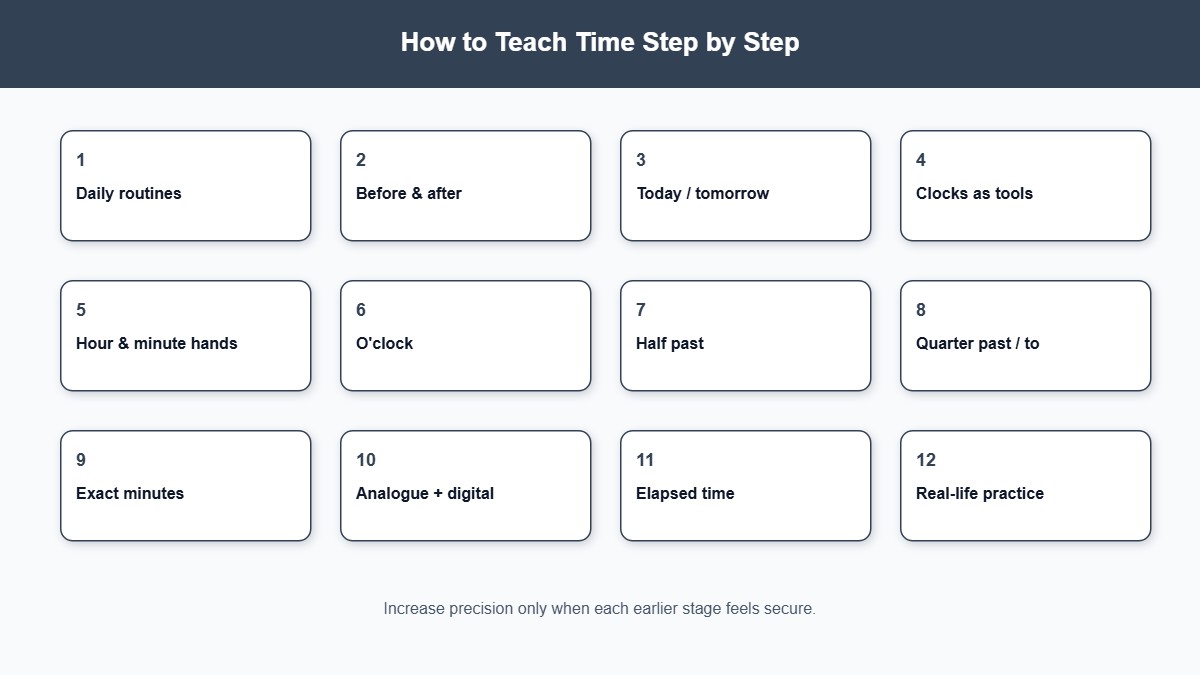 Twelve-step progression for teaching time from routines to real-life practice