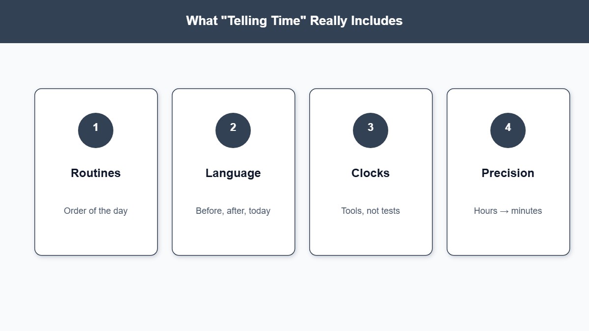 Infographic defining telling time as routines, language, clocks, and precision