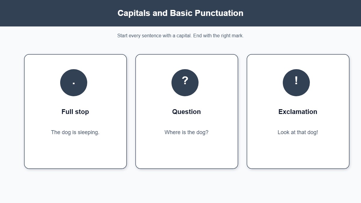 Infographic of full stop, question mark, and exclamation mark with example sentences