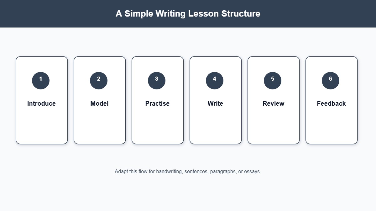 Six-step writing lesson structure from introduce and model through practise, write, review, and feedback
