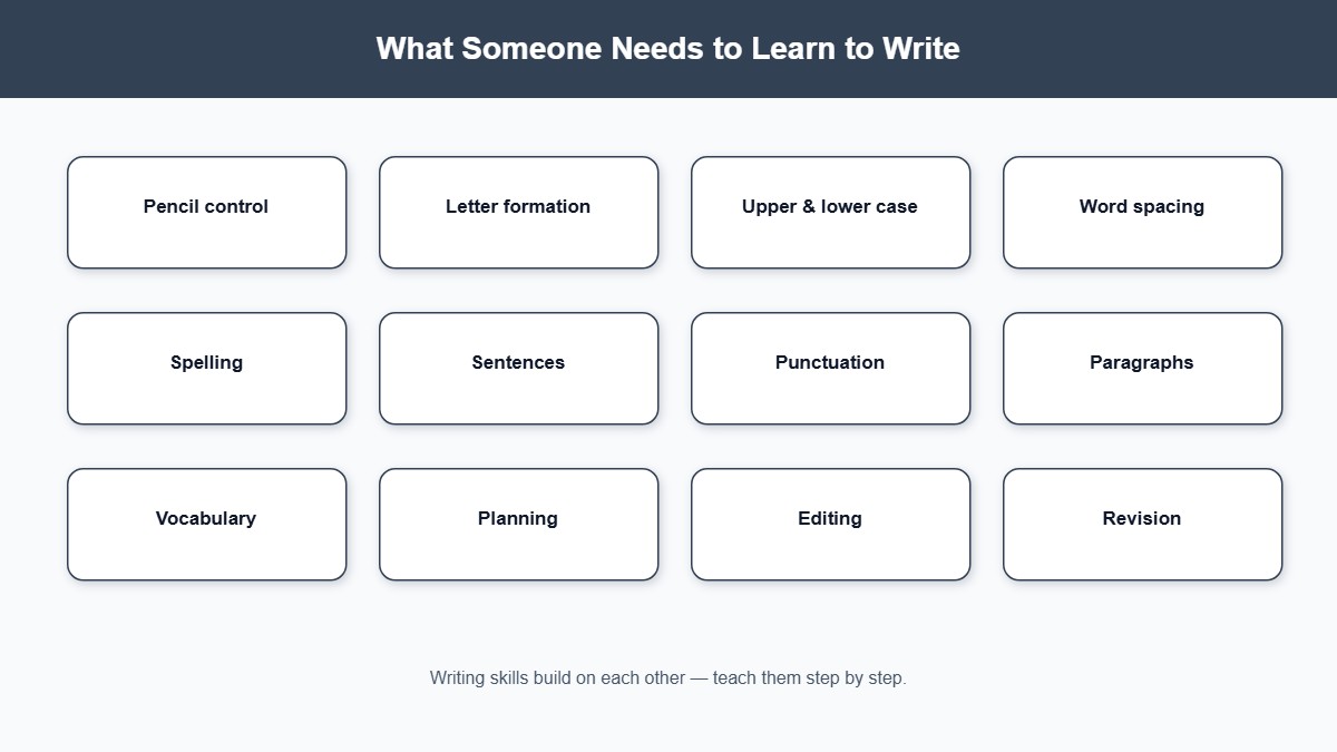 Infographic listing twelve writing skills from pencil control and letter formation to editing and revision