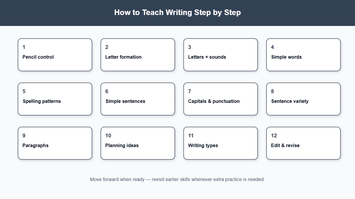 Twelve-step progression for teaching writing from pencil control to editing and revision