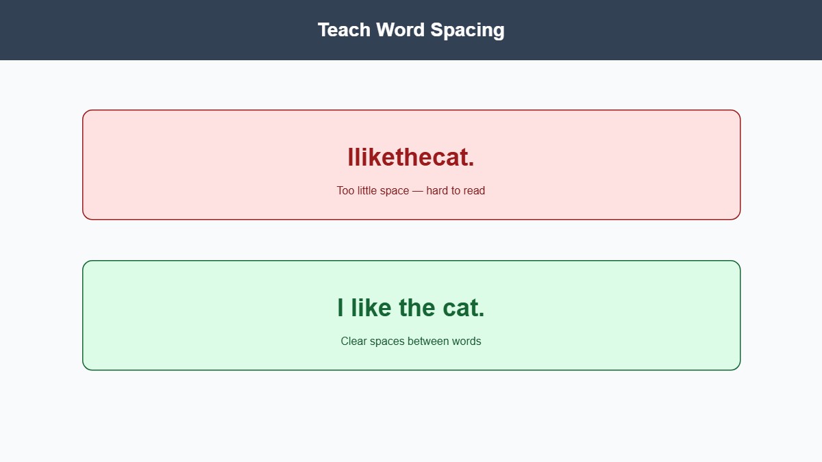 Infographic comparing writing without spaces to writing with clear spaces between words