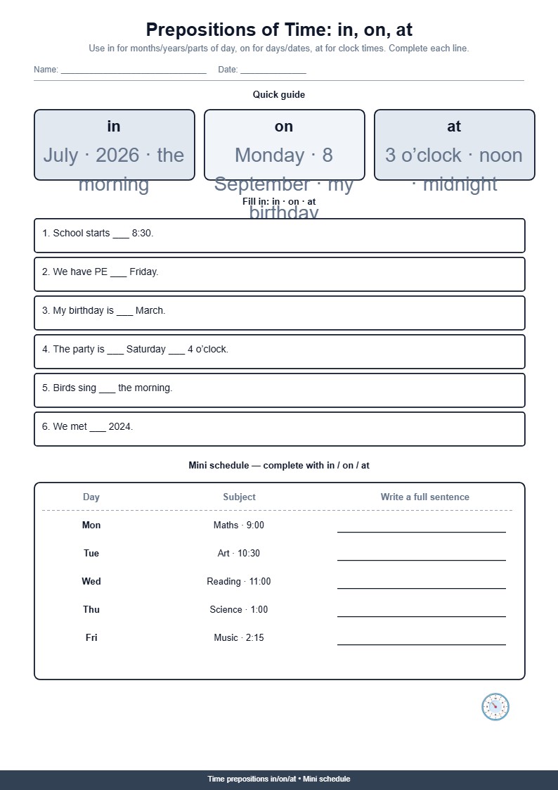 Prepositions of Time: in, on, at