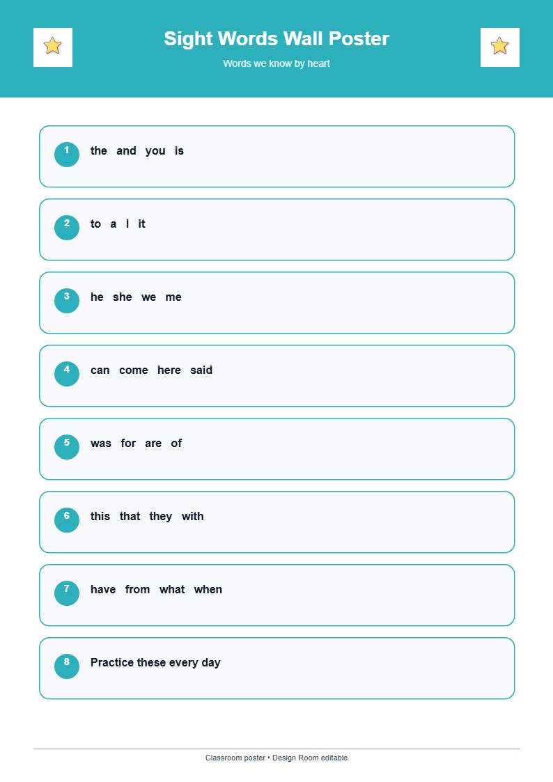 Sight Words Wall Poster