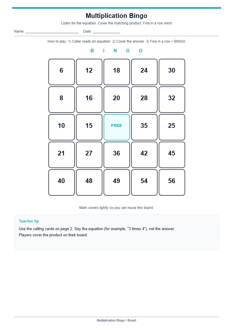 Multiplication Bingo (Board + Calling Cards)